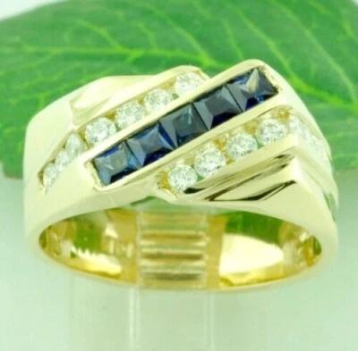 Juego de canales de anillo de diamantes y zafiros naturales de oro amarillo de 14 k de 1,4 quilates GIA Pass para hombre Foto 1 de 4
