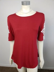 Oyanus Women Red Short Embroidered Sleeve desing Top blouse Maroon Burgundy Sz L - Picture 1 of 4