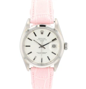 Rolex Oyster Perpetual Date 1500 Steel White Index Pink Leather 34mm Watch - Picture 1 of 10