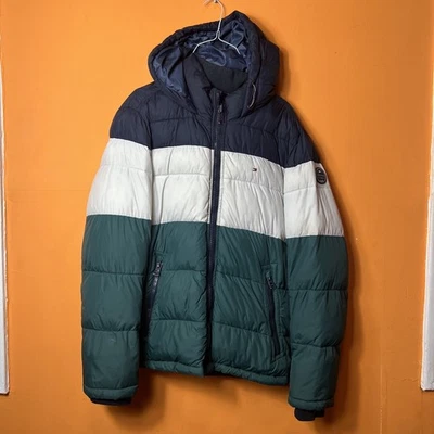 Tommy Hilfiger Hombre Verde Blanco Sólido Acolchado Puffer Chaqueta con Capucha Talla Mediana  Foto 1 de 4