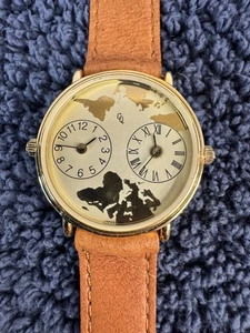 Quintel Watch V-102 37mm Gold Tone Dual Time World Map Leather Band New Battery - Picture 1 of 4