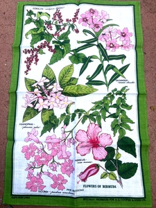 Toalla de té vintage FLORES DE BERMUDAS 100 % lino irlandés flores rosas ¡botánica! - Imagen 1 de 3