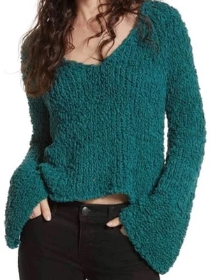 Suéter corto Free People de gran tamaño grueso de ganchillo cuello en V manga campana verde azulado XS Foto 1 de 4