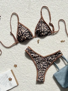 Women's Leopard Animal Print Brown Beach Swimwear Cheeky Thong Bikini Swim Set - Picture 1 of 21