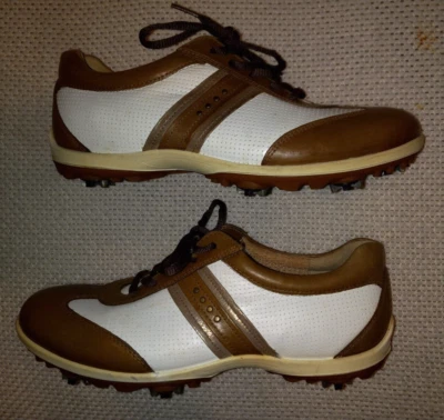 女士 Ecco Hydromax 高尔夫鞋白色/棕色舒适系统尺寸 40 US 8.5-9 二手状况完好! — 第 1/4 张图片