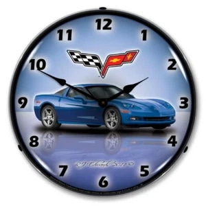 Retro Style C6 Corvette Jetstream Blue Backlit Game Room LED Lighted Wall Clock - Picture 1 of 4