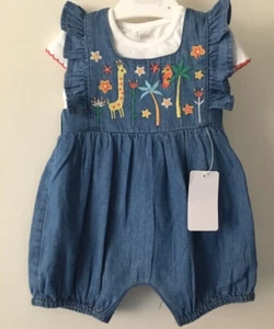 Baby Girls 2 Piece Nutmeg Summer Shorts Denim Dungarees Playsuit Set Roomper - Picture 1 of 17