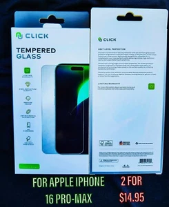FOR APPLE IPHONE 16 PRO MAX CLICK 9-H HARDNESS TEMPERED GLASS 2 FOR $14.95 - Picture 1 of 4