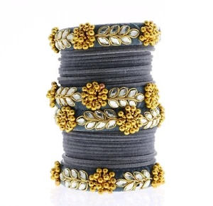 Indian Bangles, Velvet Flower Plain Size (2x6) GREY- 2 Hand Bangle Set - Picture 1 of 1