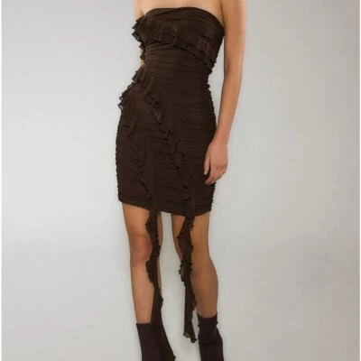 Rare London Mocha Brown Strapless Bandeau Ruffle Detail Mini Dress Womens US 8 - Image 1 of 4