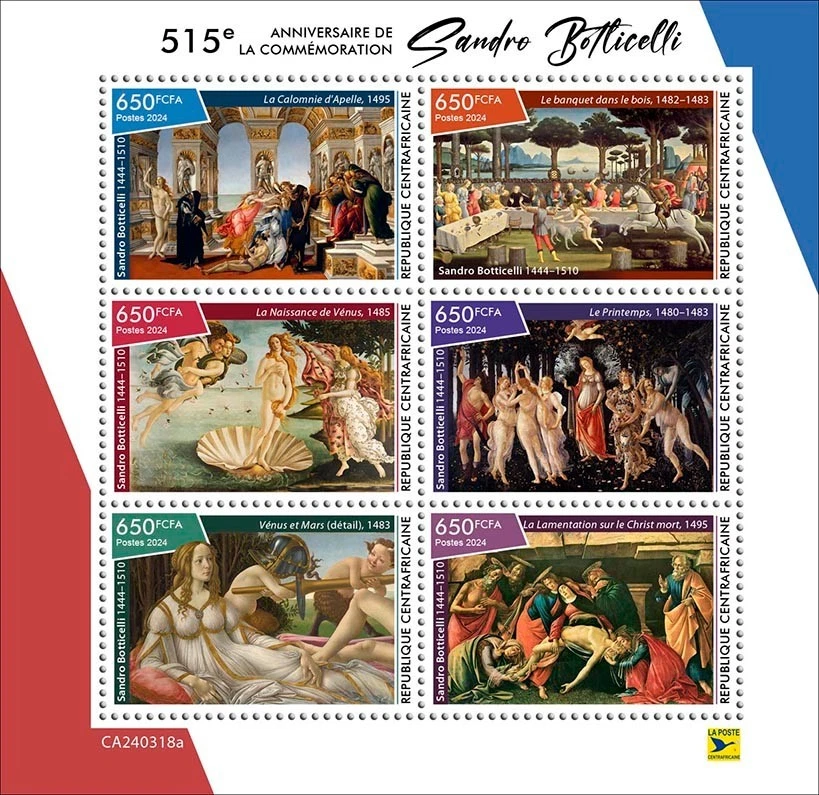 515 Memorial Sandro Botticelli Paintings Art MNH Stamps 2024 Central African M/S - Image 1 of 1