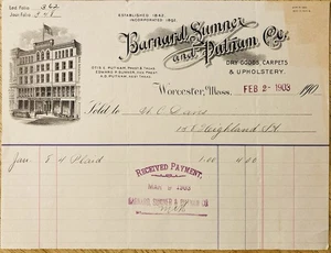 1903 BILLHEAD~BARNARD, SUMNER & PUTNAM CO. WORC., MA. DRY GOODS AND UPHOLSTERY - Picture 1 of 1