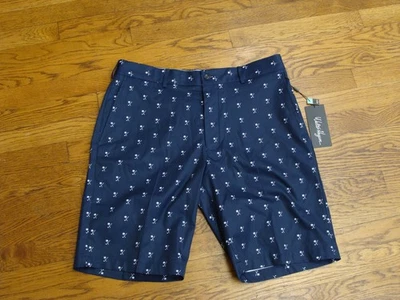 Nuevos Pantalones Cortos de Golf Walter Hagen Azul Marino P11 Estampado Palm Club Frente Plano Talla 35 X 10 Foto 1 de 4
