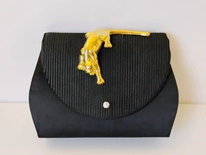 Vintage Sasha Black Velvet Gold Panther Clutch Shoulder Evening Purse - Picture 1 of 6