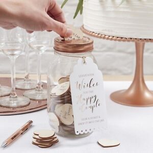 Guest Book Alternative. Wedding Wishes jar in Rose Gold. 100 wooden hearts