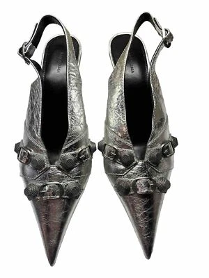 Zapatos de salón BALENCIAGA Cagole punta con cordones cuero plateado nuevos talla 8,5 EE. UU. 38,5 Foto 1 de 4