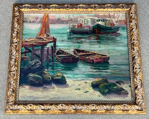 Vintage EDITH SOWERSBY(1875-1959) "Harbor Scene" Original Oil Painiting on Board - Picture 1 of 13