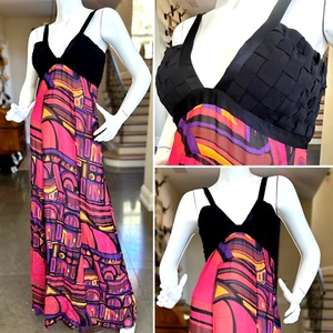 Emilio Pucci Vintage Woven Pattern Plunging Silk Evening Dress - Picture 1 of 14