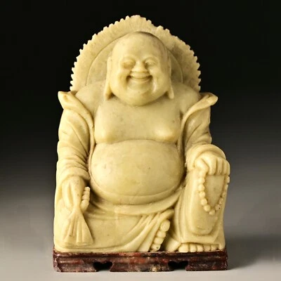 Chinese Antique Original Vintage Feng Shui Soapstone Jade Buddha Figurine Statue - Image 1 of 4