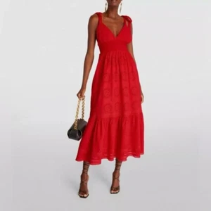 Vestido midi rojo con ojales bordados Alice + Olivia Levine talla 4 cintura ajustada NUEVO - Imagen 1 de 16