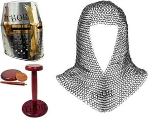 Casco de caballero medieval cruzado templario casco con soporte y capucha de cota de cadena - Imagen 1 de 7