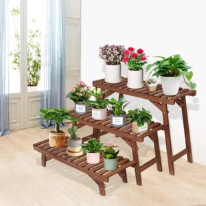 Freestanding 3 Tier Ladder Shelf Wood Plant Stand Indoor Outdoor Flower Pot Rack - Picture 1 of 14