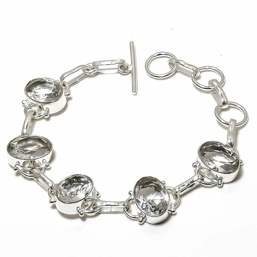 Pulseira de prata esterlina 925 feita à mão com pedra preciosa topázio branco tamanho 7-8" - Imagem 1 de 1