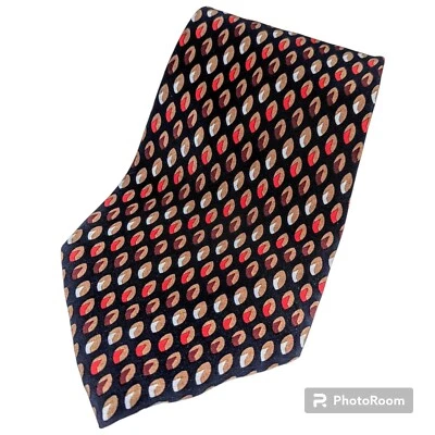 Vintage LANVIN Paris Navy Blue Geometric Red & Tan Pattern Men's Silk Neck Tie Foto 1 de 4