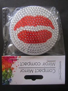 RHINESTONE SILVER W/RED LIPS 3" DESIGN 2-SIDED COMPACT PURSE MIRROR PACKAGED NEW - Picture 1 of 7