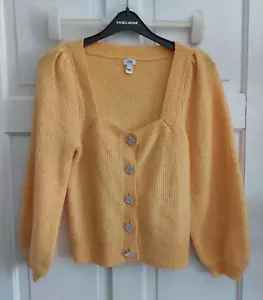 River Island Yellow Ribbed Knitted Square Diamante Buttons Cardigan Size 6 - Picture 1 of 7