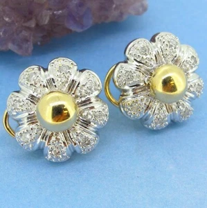 14kt Yellow & White Gold Flower Shape Diamonds Omega Backs Earrings Pierced - Picture 1 of 6