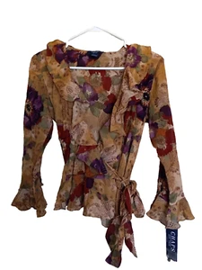 Chaps Damen S Rüschen Wickel Bauern Bluse camelfarben Blumen Top NEU - Bild 1 von 3