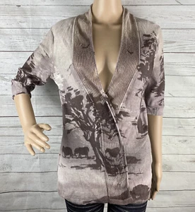 Chico's Size 1 Cardigan Gray Brown African Savanah Elephant Print Thin Knit Top - Picture 1 of 12