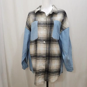 GLAM Blue Denim Flannel Taupe Plaid Patchwork Button Down Shacket, Medium - Picture 1 of 8