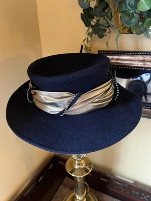 Black Wool Church Derby  Hat Wedding  Made USA  Gold Trim Bollman For Sylvia - Image 1 of 4