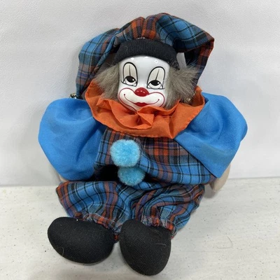Vintage Painted Porcelain Face Jester Clown Doll In Blue 8 Inch - Image 1 of 4