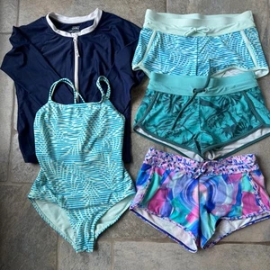 Athleta Girl Size 8-10 Swimwear Bundle Rash Guard One Piece 3 Cannonball Shorts - Picture 1 of 7