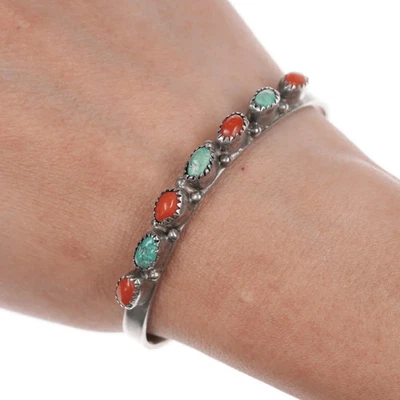 6.12" Vintage Native American silver, turquoise, and coral rown cuff bracelet - Image 1 of 4