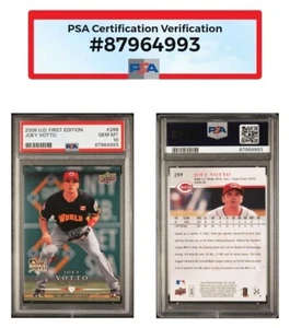 JOEY VOTTO RC 2008 CUBIERTA SUPERIOR PRIMERA EDICIÓN #299 PSA 10 GEMAS COMO NUEVA tarjeta de novato - Imagen 1 de 5