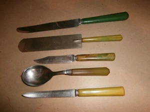 5 Vintage Knife Spoon Bakelite Green Plastic Handles Molly Pitcher Royal Brand - Photo 1/13
