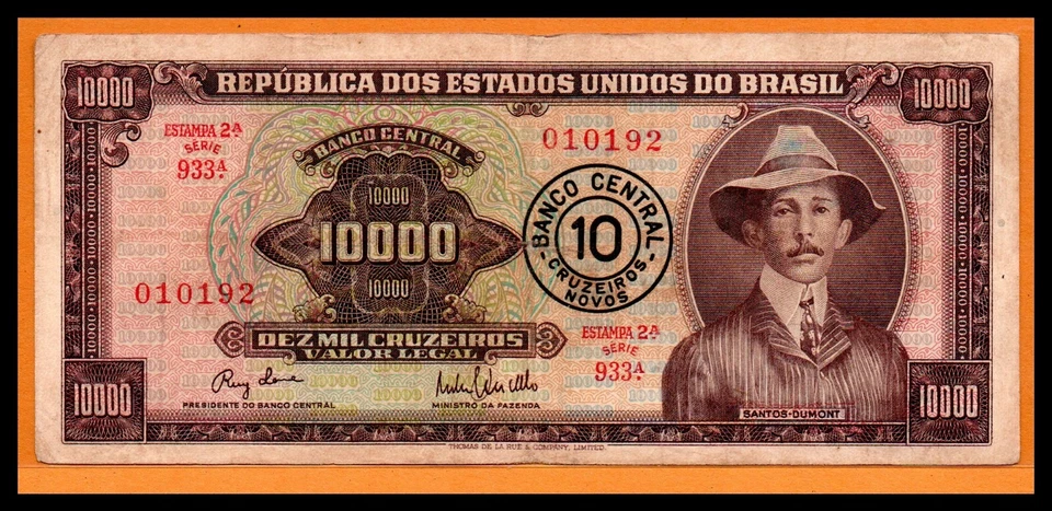 Brazil VF Note 10 Cruzeiros Novos ND (1967) Overprint on 10000 Cruzeiros P-190a. - Image 1 of 2