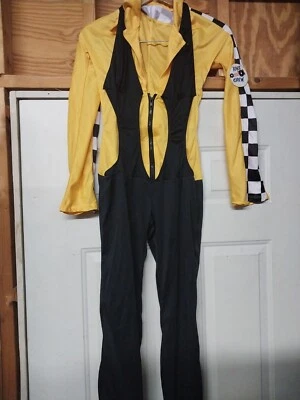 Race Car Driver Costume Sexy Ladies 1 Piece Black & Yellow Stretch Jumpsuit  - Image 1 of 4