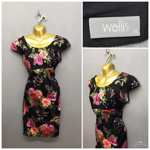 Wallis Black Floral Cotton Rich Wiggle Jersey Dress UK 12 EUR 40 US 8 Retro - Picture 1 of 13