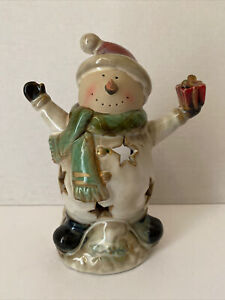 SNOWMAN PORCELAIN CERAMIC VOTIVE/TEALIGHT Candle HOLDER Holiday 7” Tall x 5.5” W