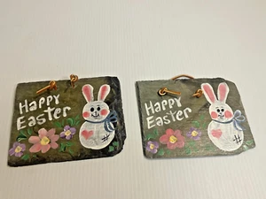 Set of 2 Hand Painted on Slate Happy Easter Bunny Rabbit Small Wall Signs 5.5" - Picture 1 of 4