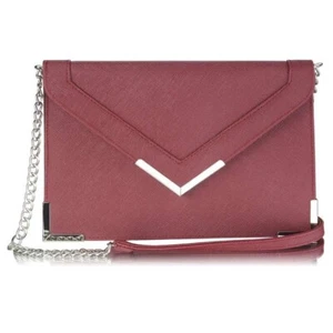 Ladies Envelope Clutch Handbag Burgundy Brown Detachable Chain Shoulder Strap - Picture 1 of 4