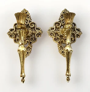 Pair of Hollywood Regency Gold Scroll Work Metal Taper Candle Wall Sconces 11" - Picture 1 of 12