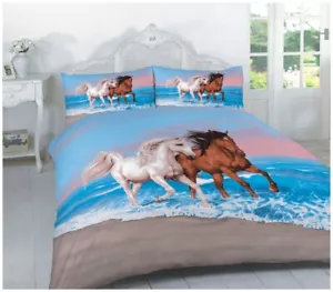 Animal Print Horses 3D Effect Duvet Cover Double King Multi Grey Bedding Set - Picture 1 of 3