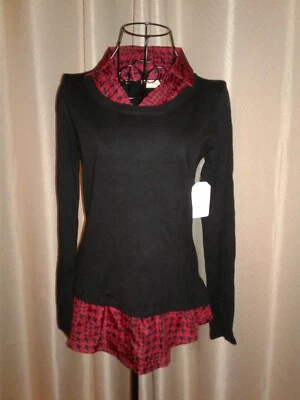 Novo com etiquetas Suéter em Camadas 2-Fer Top • Punhos de Gola Xadrez Estampa Houndstooth Vermelha • PEQUENO - Imagem 1 de 4