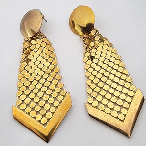 Vintage Gold Tone Mesh Dangle Drop Stud Earrings Statement Shiny Glomesh Style - Picture 1 of 6